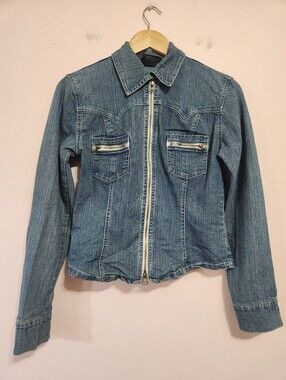 Y2K Vintage Nitro Stretch Utility Zip-Up Fitted Denim Jacket Grunge Mid Wash S